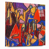 Large abstract wall art in blue and gold tones on canvas, suitable for bedroom or dining room decor.