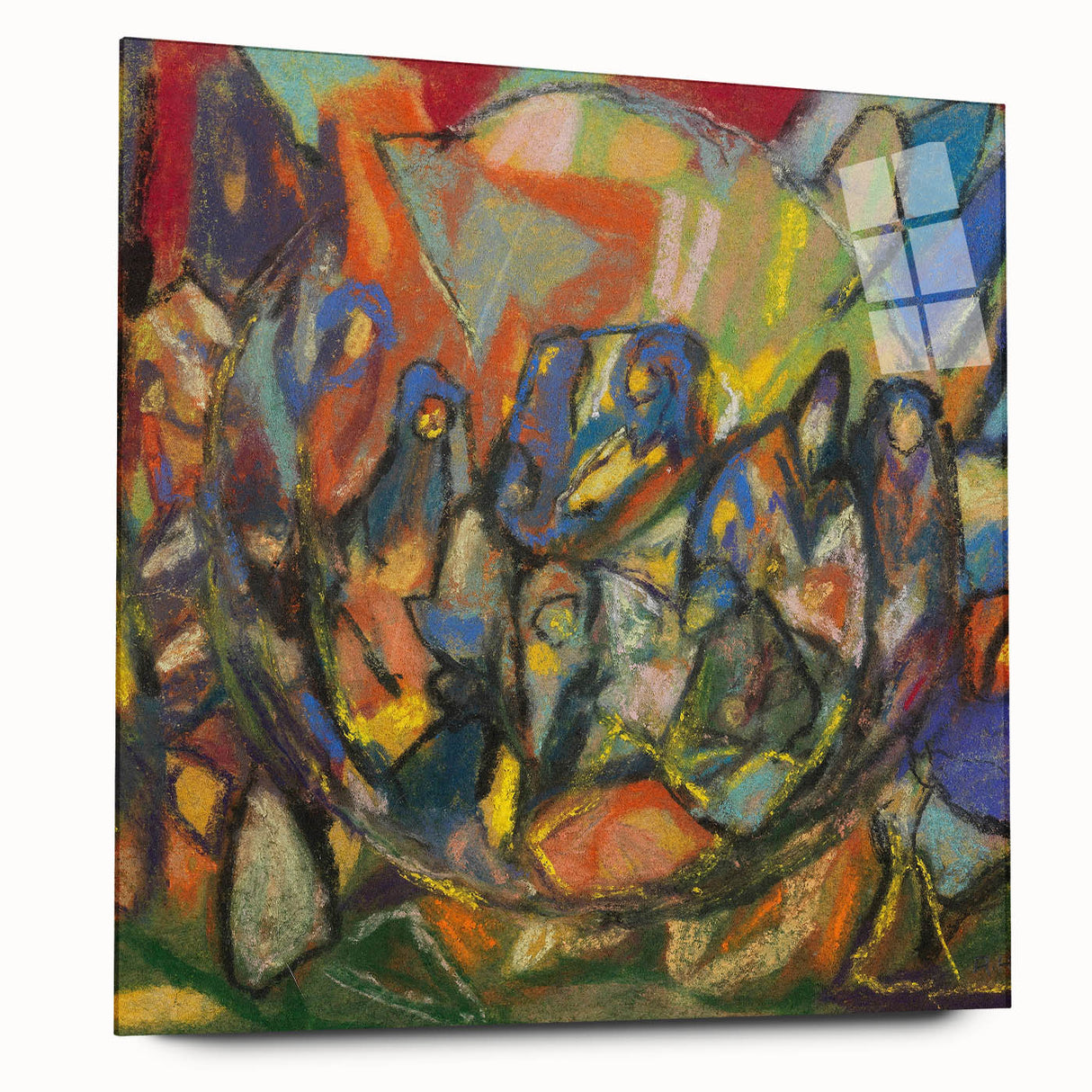 Large abstract wall art in blue and gray tones on canvas, ideal for modern bedroom or dining room decor.