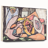 Large abstract wall art in muted gray and blue tones on canvas, ideal for modern bedroom or dining room ambiance.