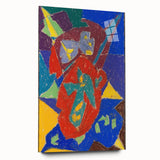 Large abstract wall art print in vibrant blue and orange hues on canvas, suitable for bedroom or dining room decor.