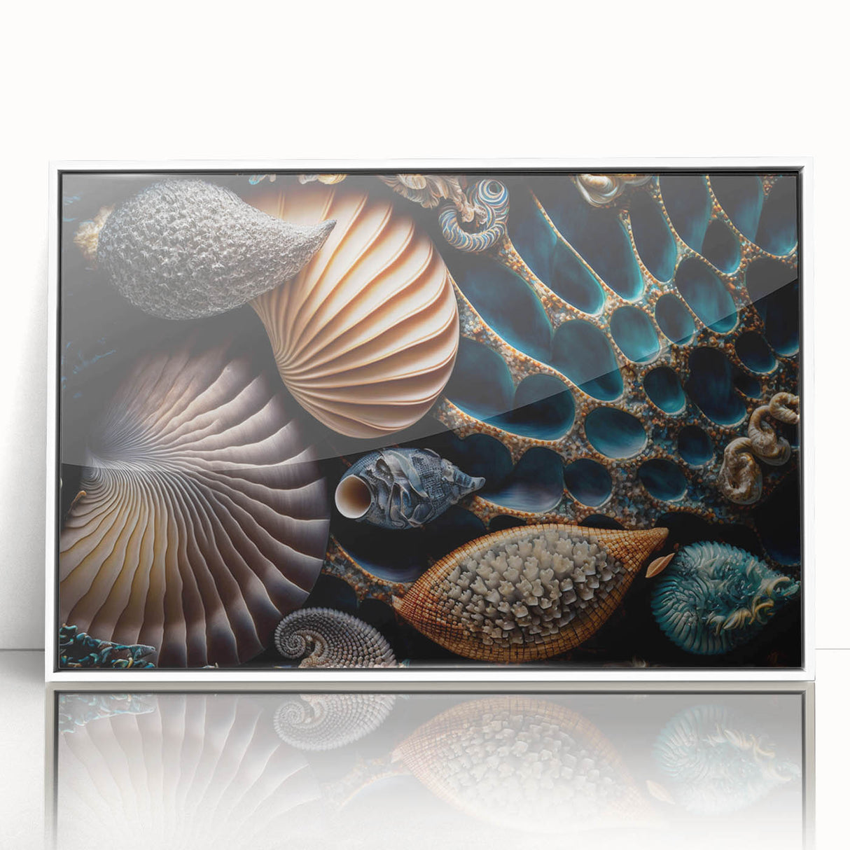 Art deco poster featuring a serene lake landscape in muted blues and greens, ideal for nursery wall decor.