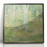 Large abstract wall art on canvas featuring swirling blue and gray tones in a mid-century modernist style.