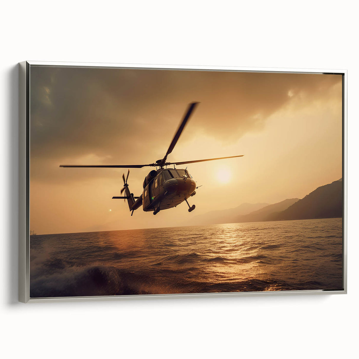 Landscape painting of a serene lake and mountains in muted earth tones on a framed canvas, suitable for bedroom wall art.