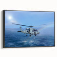 Landscape painting of serene mountains on a black background, framed poster, ideal for bedroom wall art.