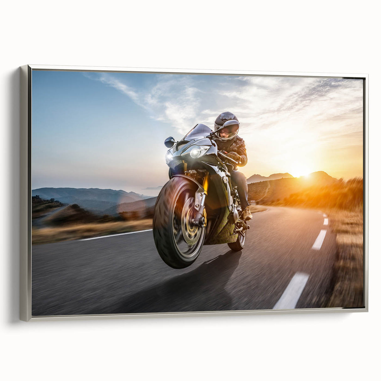 Landscape art painting of a colorful vintage car on a black background, printed on a framed poster.