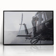 Large abstract wall art featuring swirling blue and gray tones on canvas, ideal for modern living room decor.