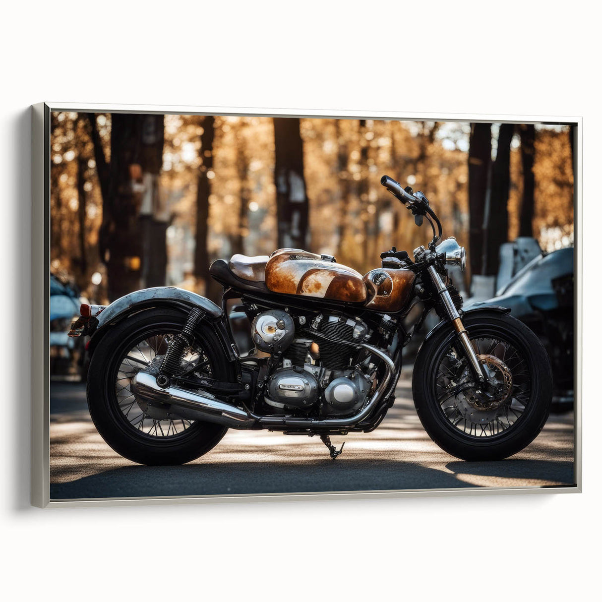Landscape art painting featuring a vintage car in colorful tones on a black background, printed on a framed poster.