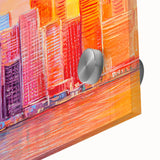 Close-up of an abstract architecture design wall art piece featuring a blend of geometric shapes and colors, printed on acrylic glass to enhance visual depth.