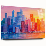 Abstract architectural wall art piece displayed in a side view, showcasing a modern design with vibrant colors and acrylic glass finish, mounted with decorative pins, perfect for contemporary decor.