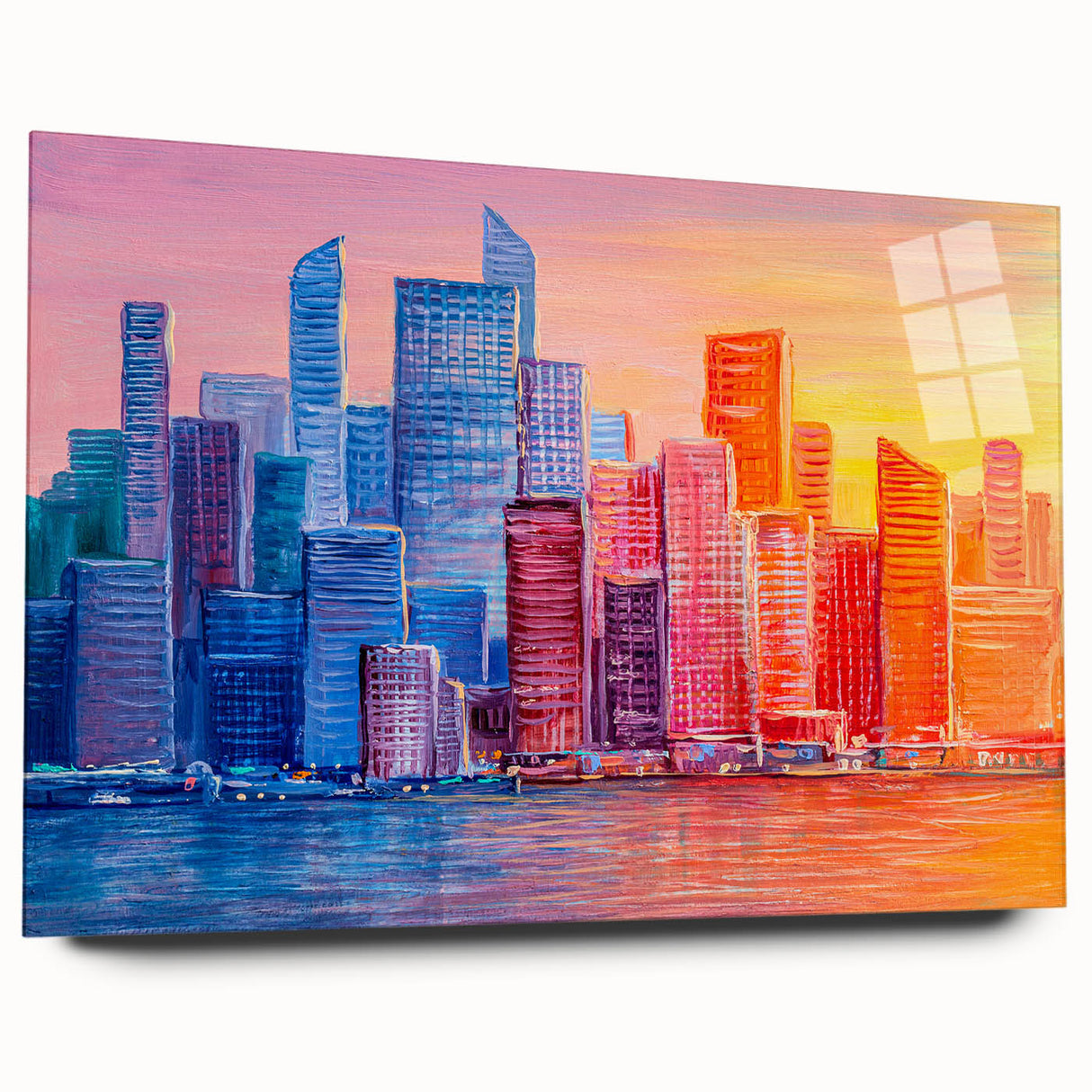 Abstract architecture design wall art collection displayed in a sleek acrylic glass frame, showcasing modern geometric patterns in vibrant colors. Perfect for contemporary home decor.