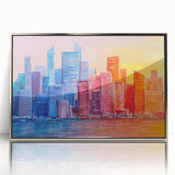 Abstract architectural wall art collection framed in silver, showcasing geometric shapes and vibrant colors, ideal for modern home decor. Perfect for adding a sophisticated touch to any interior space.