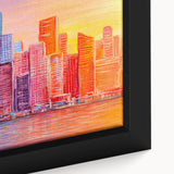 Framed abstract architecture wall art showcasing intricate geometric patterns in vibrant colors, perfect for modern home decor. Close-up view highlighting texture and design details.