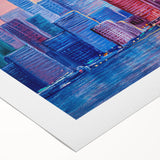 Abstract architectural design wall art on rolled canvas showcasing geometric patterns in vibrant blue and orange hues, ideal for modern home decor.