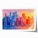 Abstract architectural design wall art print showcasing geometric shapes in vibrant colors of blue, orange, and yellow, rolled and ready for display.