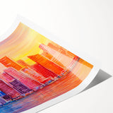 Abstract architectural wall art print showcasing dynamic geometric shapes in vibrant colors, rolled and ready for display. Ideal for modern interior decor.