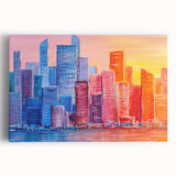 Abstract architectural design wall art featuring geometric shapes in vibrant colors on a stretched canvas. Ideal for modern home decor, this striking piece adds a bold, contemporary touch to any room. Perfect for art enthusiasts looking to enhance their space with unique wall decor.