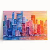 Abstract architectural wall art design featuring geometric shapes and vibrant colors on stretched canvas, creating a modern aesthetic for home decor.