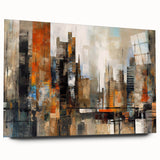 Abstract architectural wall art collection displayed in a modern setting, featuring vibrant colors and geometric shapes, printed on acrylic glass for a sleek, contemporary look.