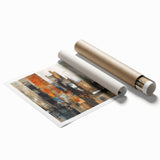Abstract architecture design wall art collection featuring bold geometric shapes and vibrant colors, elegantly rolled for easy display and transport.