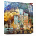 Abstract architectural wall art collection displayed in a side view, featuring vibrant colors and geometric shapes, mounted with visible pins for a modern aesthetic.