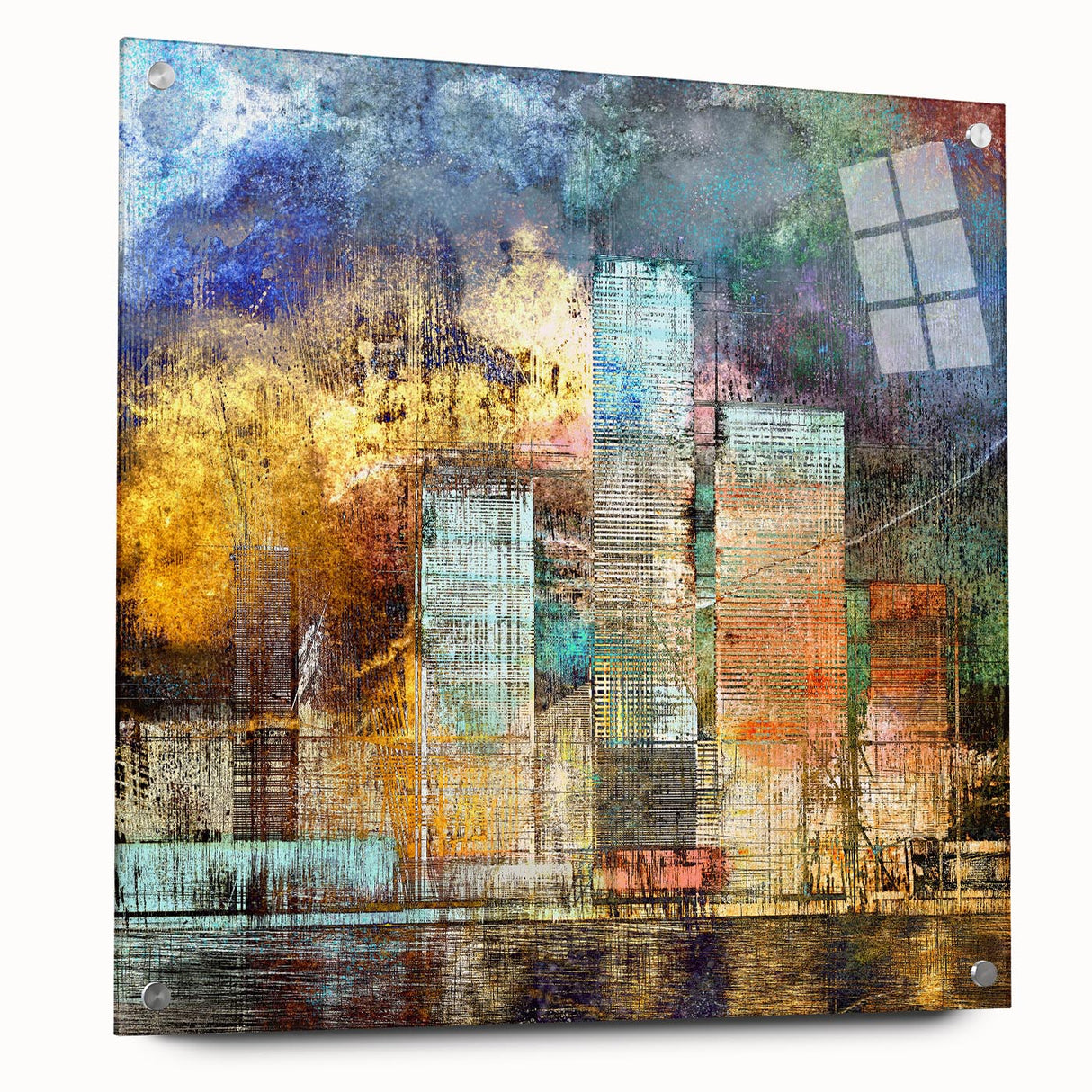 Abstract architectural wall art collection displayed in a side view, featuring vibrant colors and geometric shapes, mounted with visible pins for a modern aesthetic.