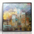 Framed acrylic wall art showcasing a modern abstract architecture design in black, with a sleek front view, ideal for contemporary home decor.