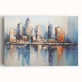 Abstract architecture wall art collection on stretched canvas, showcasing vibrant geometric patterns in shades of blue, gray, and white, ideal for modern decor.