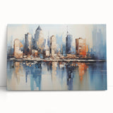 Abstract architecture wall art collection displayed on stretched canvas, showcasing geometric shapes and vibrant colors in a modern interior setting.