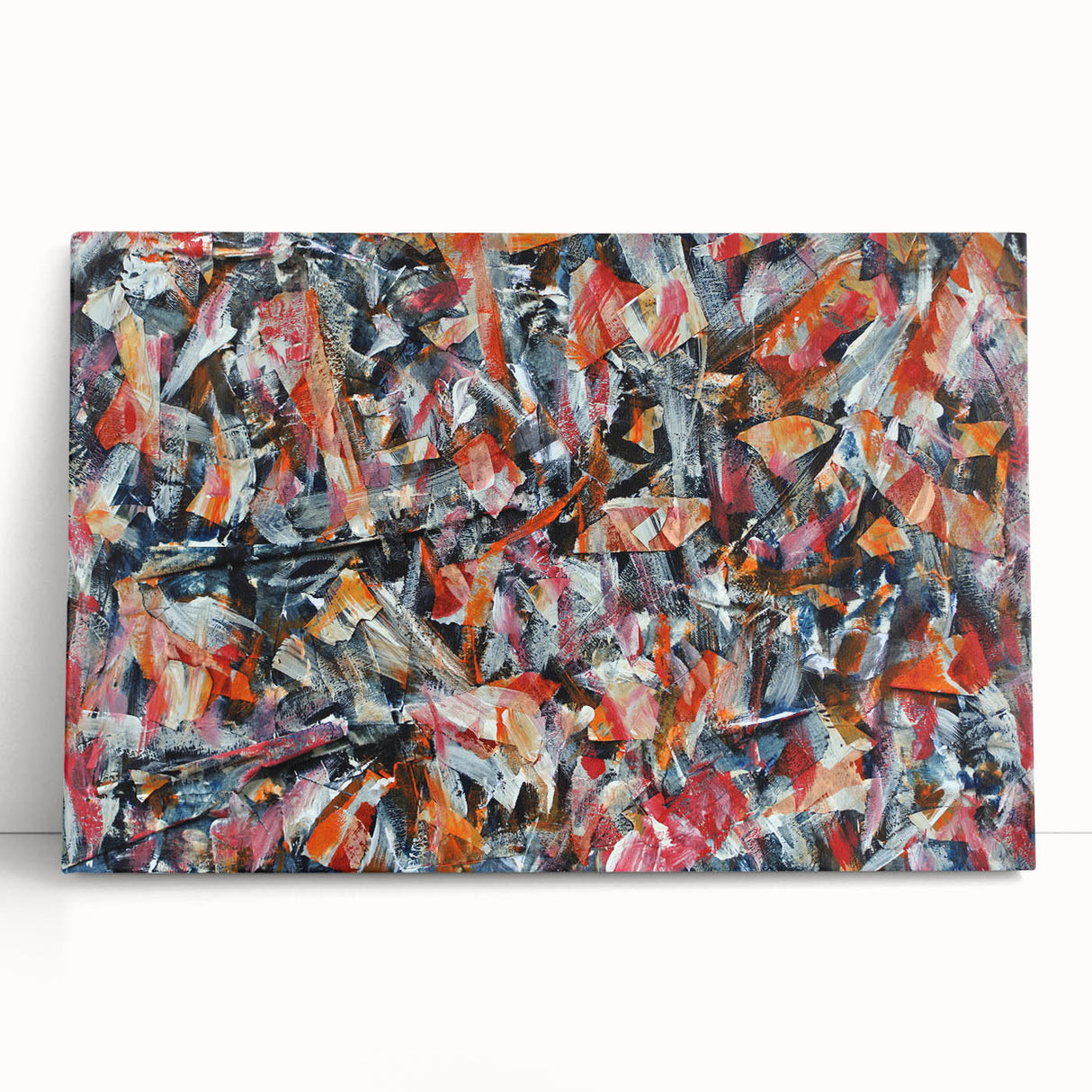 Abstract expressionist wall art design featuring vibrant colors and dynamic brushstrokes on stretched canvas, ideal for modern home decor.