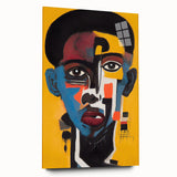 Abstract figurative wall art design with vibrant colors and unique shapes displayed on acrylic glass, showcasing a modern artistic style.