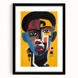 Abstract figurative wall art in a black frame, showcasing vibrant colors and dynamic shapes, perfect for modern home decor.