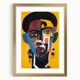 Abstract figurative wall art design in a gold frame, showcasing vibrant colors and dynamic shapes, perfect for modern home decor.