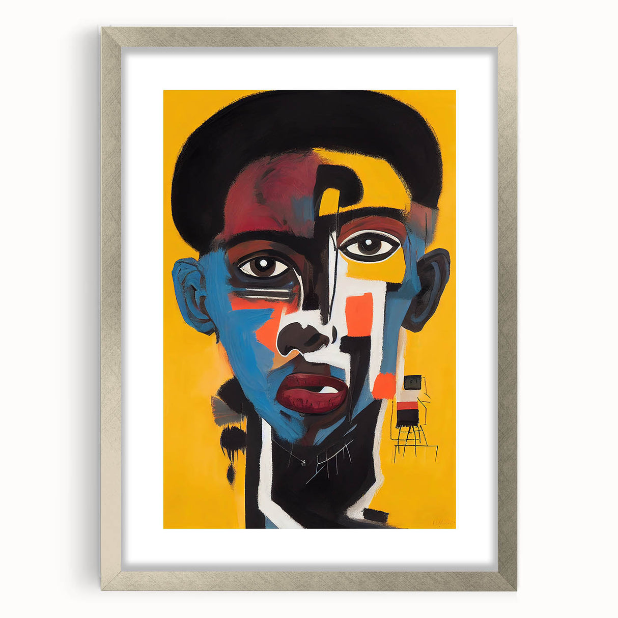 Framed abstract figurative wall art design in silver, showcasing a modern aesthetic with geometric shapes and soft color palettes, perfect for contemporary decor.