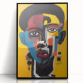Framed abstract figurative wall art with a black frame, showcasing vibrant colors and dynamic shapes, ideal for modern home decor.