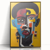 Framed abstract figurative wall art design featuring a golden acrylic finish, showcasing dynamic shapes and textures that enhance modern decor.