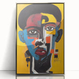 Framed abstract figurative wall art design showcasing vibrant colors and dynamic shapes, elegantly displayed with a sleek silver frame.