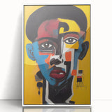 Framed abstract figurative wall art in a sleek white frame, showcasing vibrant colors and dynamic shapes, perfect for modern decor.