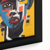 Close-up of an abstract figurative wall art piece featuring vibrant colors and dynamic shapes, presented in a sleek black frame for modern decor.
