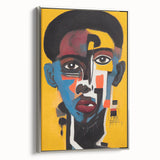 Framed abstract figurative wall art in silver, showcasing a modern design with flowing shapes and vibrant colors, ideal for contemporary decor.