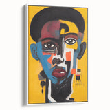 Framed abstract figurative wall art in a sleek white frame, showcasing vibrant colors and fluid shapes, ideal for modern interior decor.