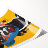 Abstract figurative design wall art print showcasing vibrant colors and dynamic shapes, rolled and ready for framing, ideal for modern decor.