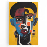 Abstract figurative wall art design on stretched canvas, showcasing vibrant colors and dynamic shapes, perfect for modern home decor.