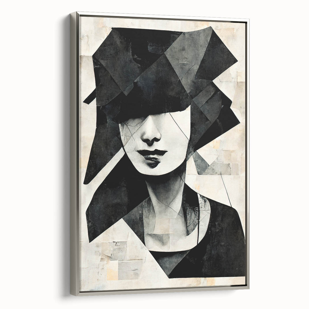 Framed abstract figurative wall art design showcasing vibrant colors and dynamic shapes, set in a sleek silver frame, side view.