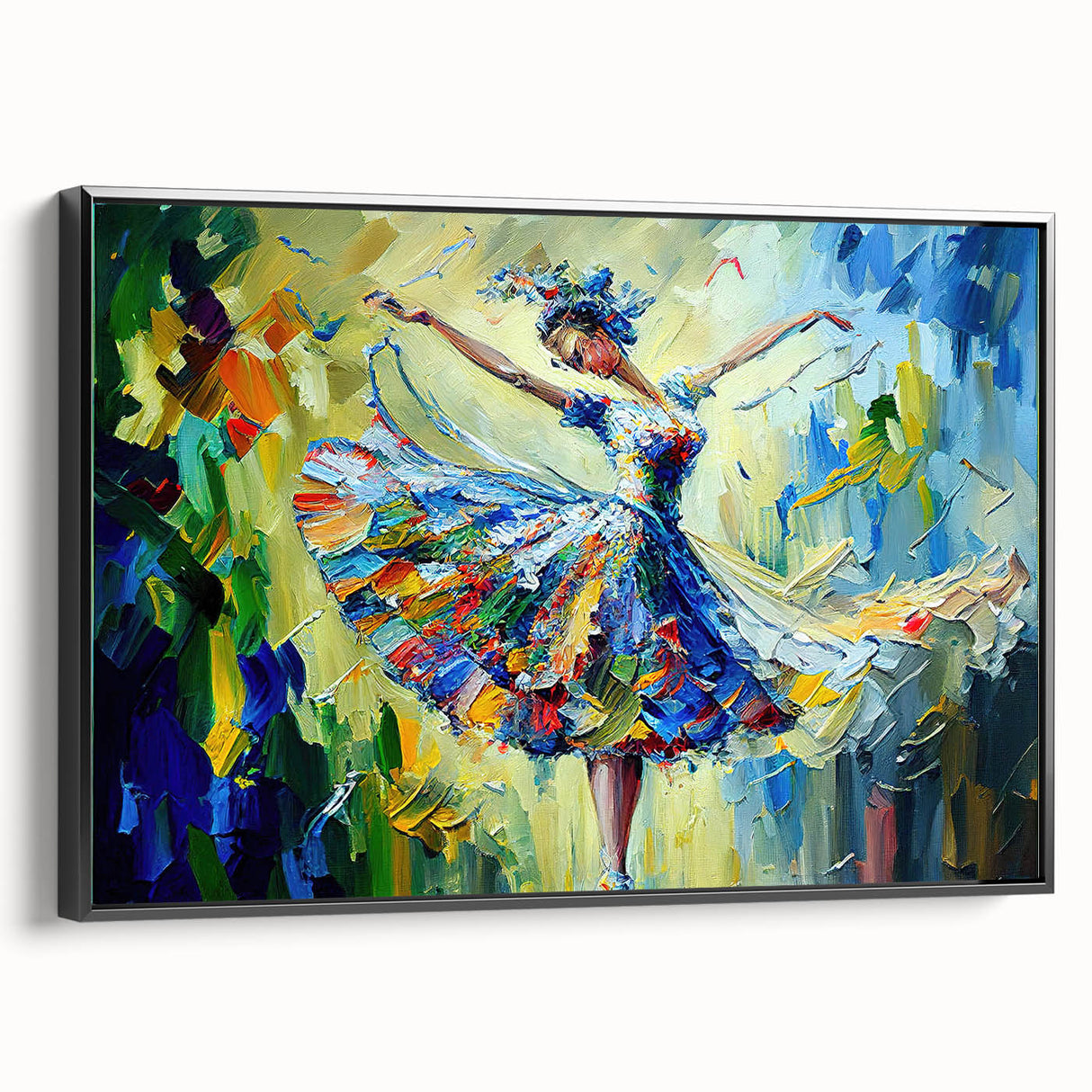 Framed abstract figurative wall art design showcasing vibrant colors and dynamic shapes, presented in a sleek black frame for modern decor.
