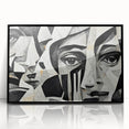 Framed abstract figurative wall art design in black with vibrant colors, showcasing dynamic shapes and textures, ideal for modern decor.