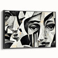 Framed abstract figurative wall art design showcasing vibrant colors and unique shapes, displayed in a sleek black frame, side view.