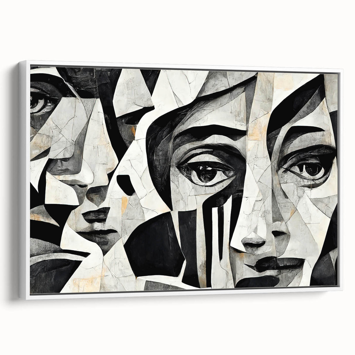 Framed abstract figurative wall art in a modern white frame, showcasing vibrant colors and dynamic shapes, perfect for contemporary decor.