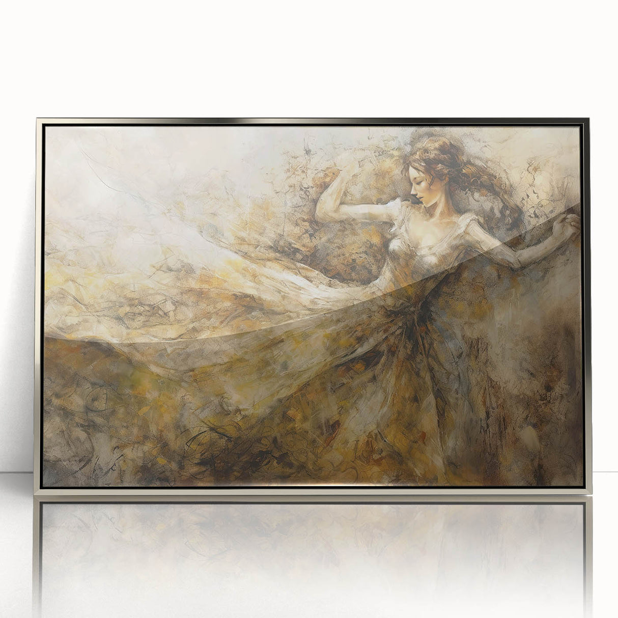 Framed abstract figurative wall art design featuring a sleek silver frame, showcasing vibrant colors and dynamic shapes for modern decor.