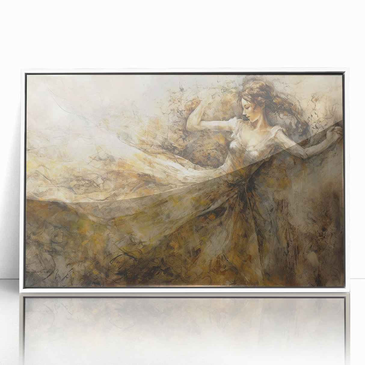 Framed acrylic wall art featuring an abstract figurative design with vibrant colors and dynamic shapes, enhancing modern interior decor.