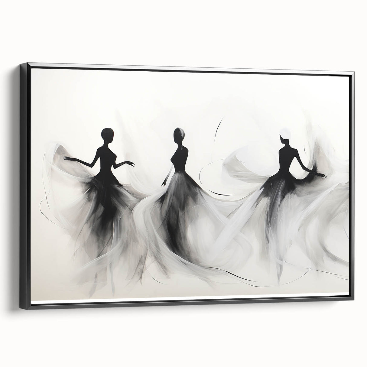 Framed abstract figurative wall art with a black side view, showcasing bold colors and dynamic shapes, perfect for modern decor.